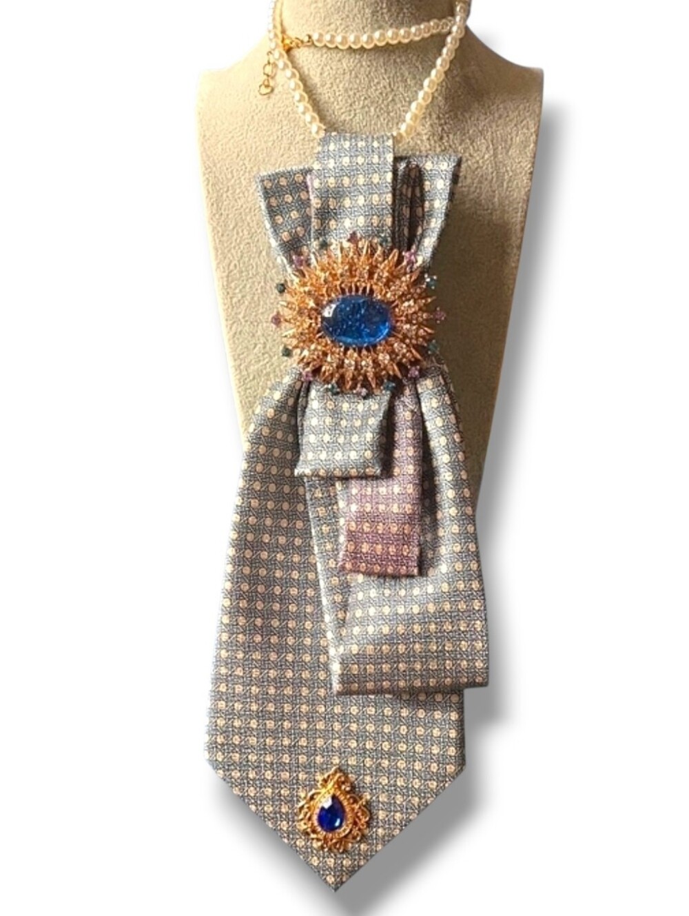 3/$60 Light Blue Cravat Necklace with Blue Cabochon Brooch